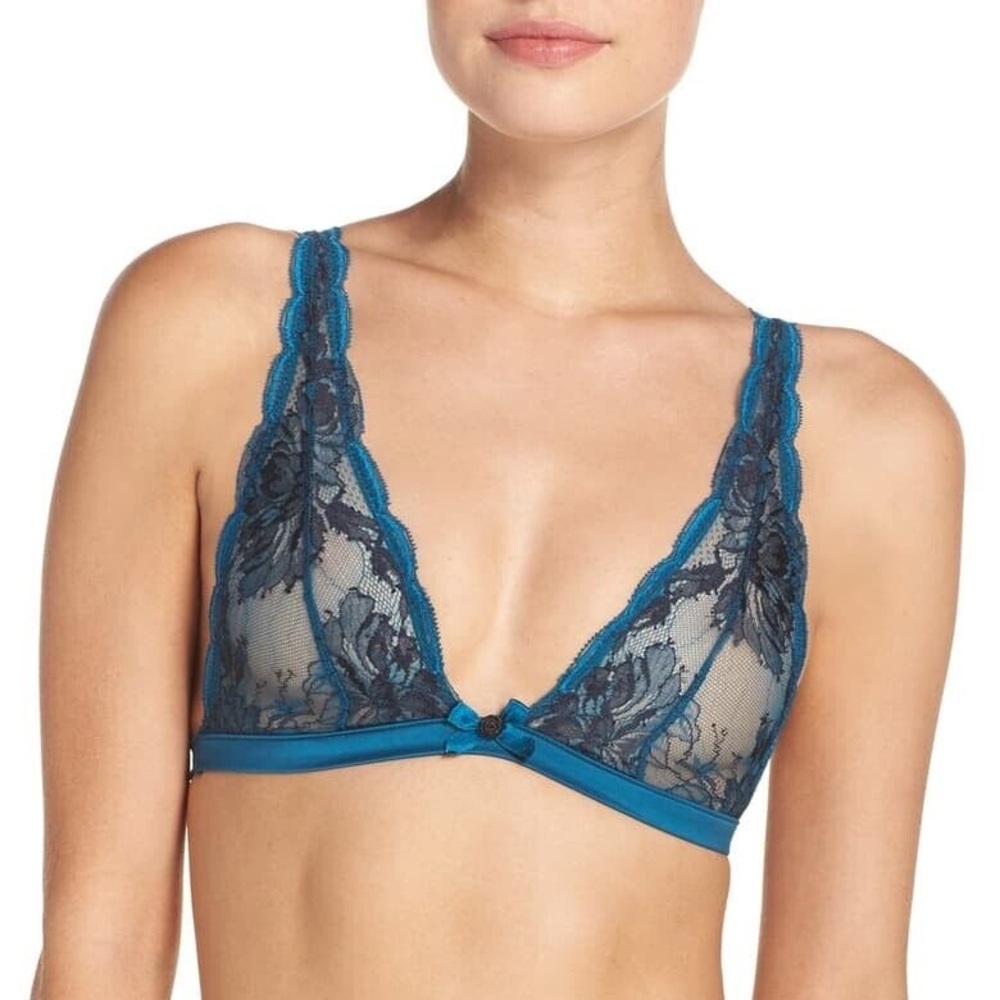L'Agent by Agent Provocateur Lace Sheer Bralette Bra • Small • Teal Black